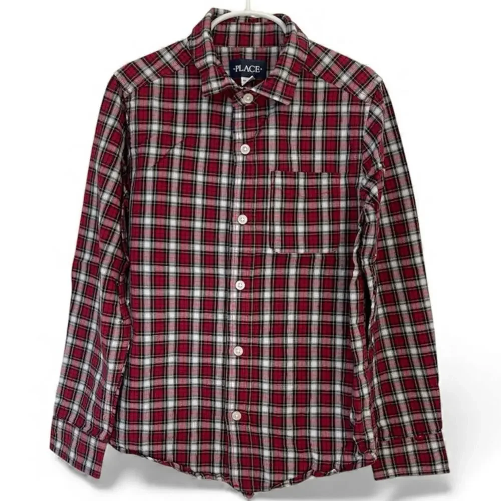 Children's Place Tartan Plaid Button Down Collared Shirt Red‎ Blue Size 7/8